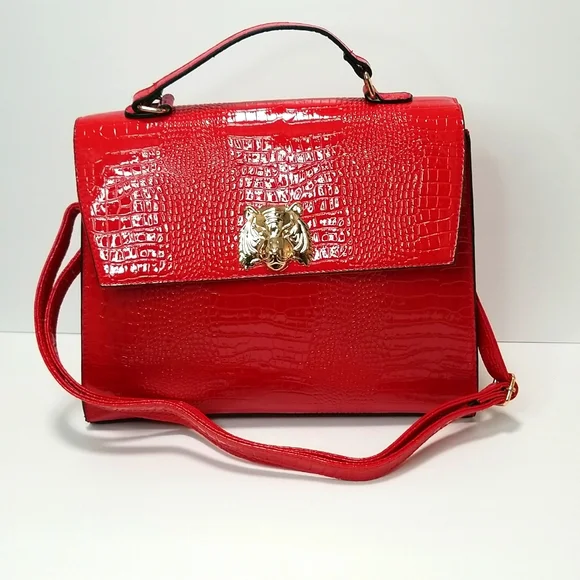 Red Handbag with Straps, Crocodile Pattern, Tiger Head Design Snap Closure NWOT - Picture 2 of 13